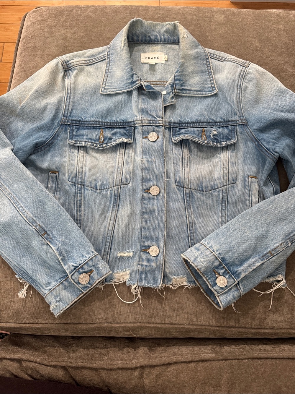 Frame Denim Light Wash Distressed Jean Jacket